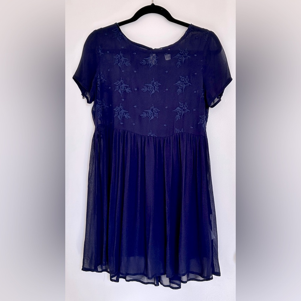 NWT Forever 21 Short Navy Blue Embroidered Tunic Dress with Attached Slip